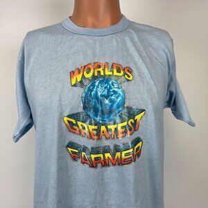 Vintage 70s Worlds Greatest Farmer T Shirt Mens Size L Blue Made In USA